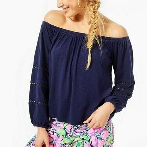 Lilly Pulitzer Katt Off the Shoulder Top Navy Blue Cotton Modal Blend Size S